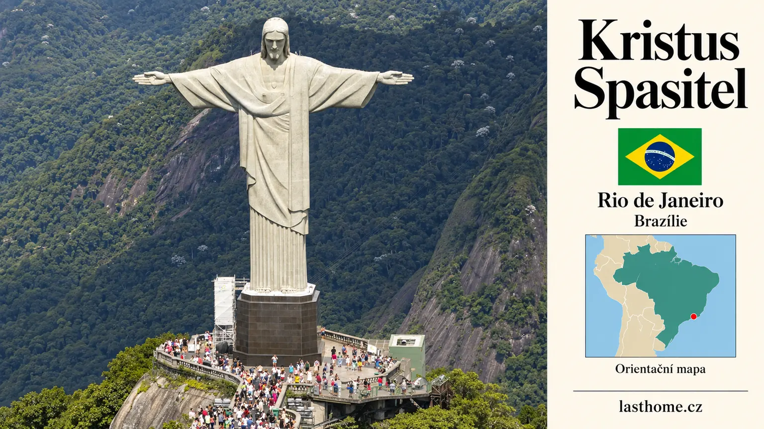 AI grafika podle fotografie: Kristus Spasitel, Rio de Janeiro, s vlajkou a orientační mapou.
