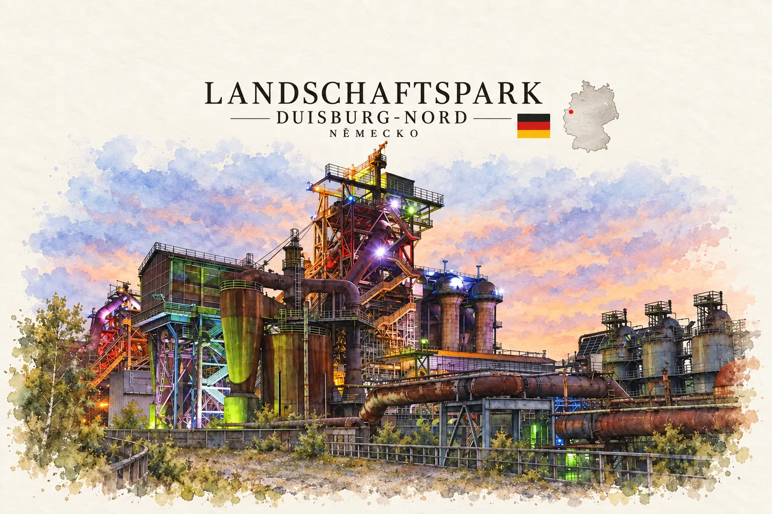 AI grafika podle fotografie: Landschaftspark Duisburg-Nord, Duisburg, vlajka a orientační mapa země Německo