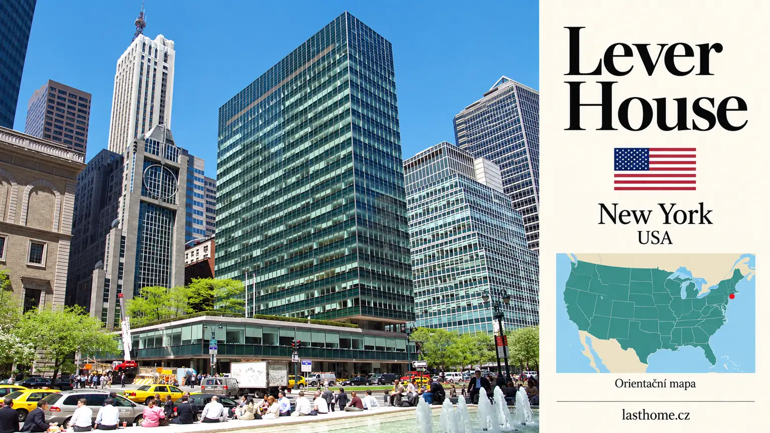 AI grafika podle fotografie: Lever House, New York, s vlajkou a orientační mapou.