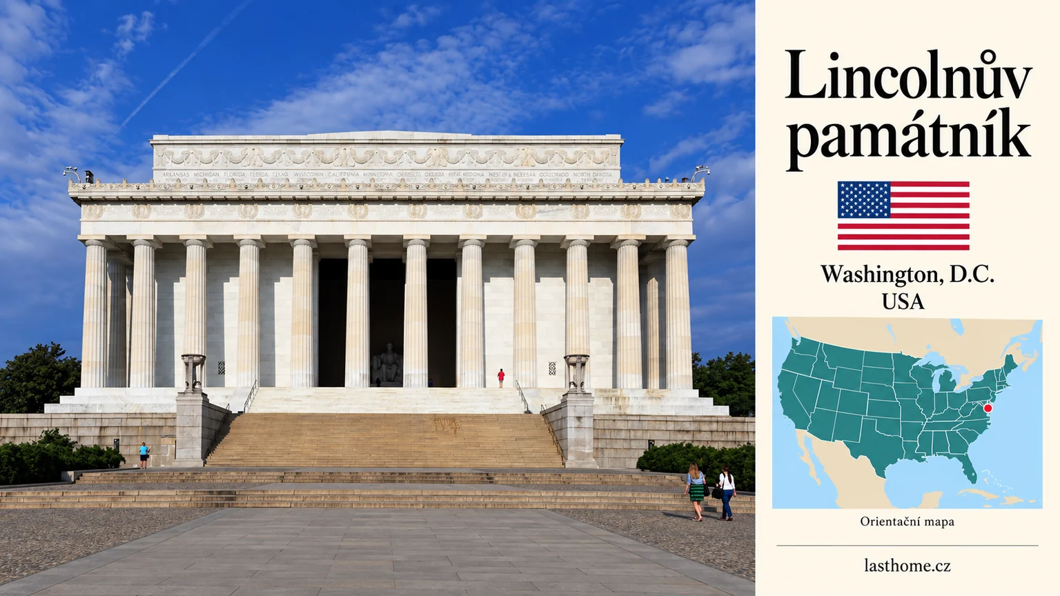 AI grafika podle fotografie: Lincolnův památník, Washington, D.C., s vlajkou a orientační mapou.