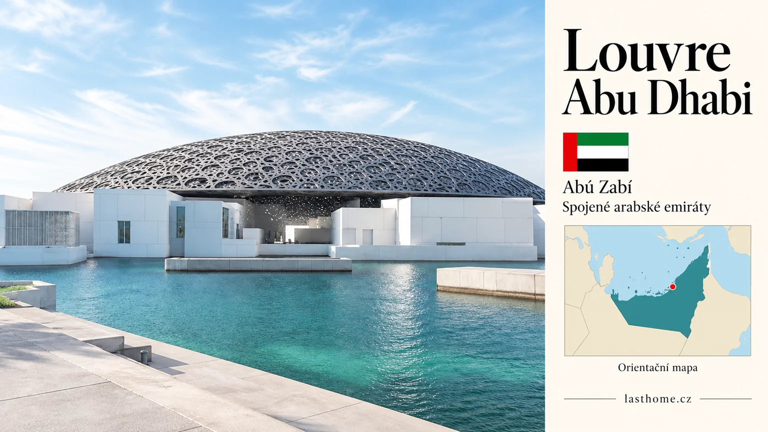 AI ilustrace: Louvre Abu Dhabi, Abú Zabí, s vlajkou a orientační mapou.
