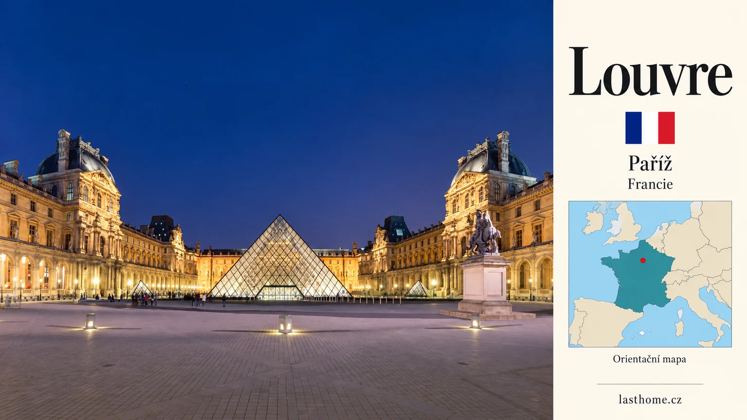 AI grafika podle fotografie: Louvre, Paříž, s vlajkou a orientační mapou.
