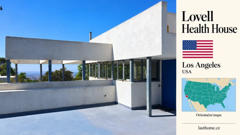 AI grafika podle fotografie: Lovell Health House, Los Angeles, s vlajkou a orientační mapou.