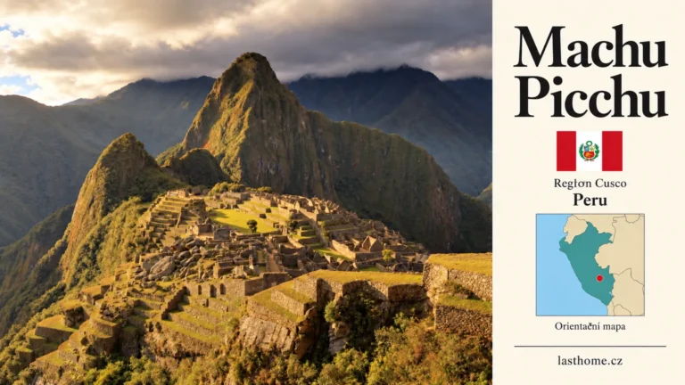 AI grafika podle fotografie: Machu Picchu, Region Cusco, s vlajkou a orientační mapou.