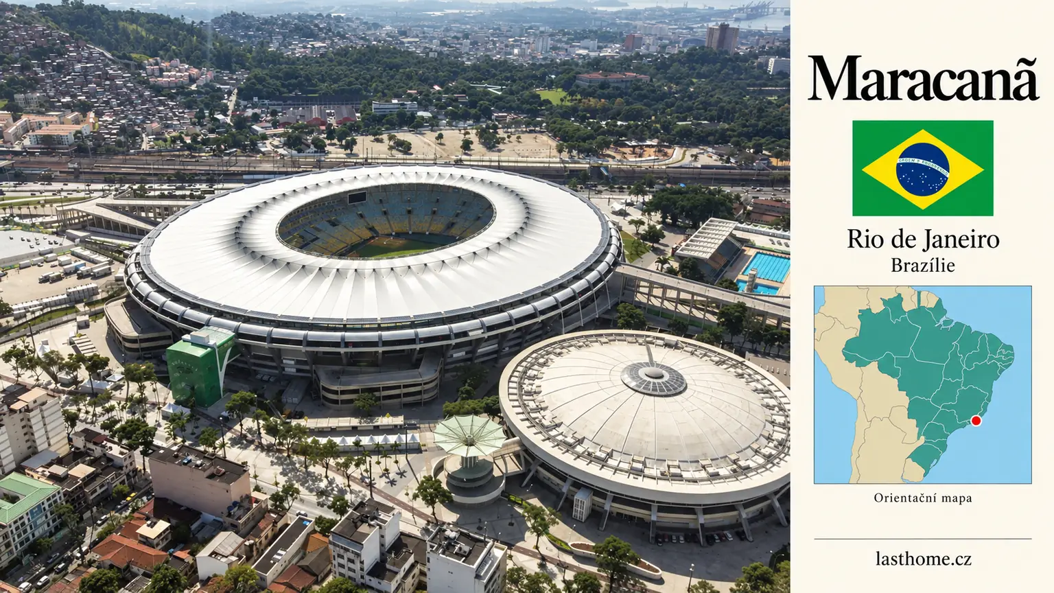 AI grafika podle fotografie: Stadion Maracanã, Rio de Janeiro, s vlajkou a orientační mapou.