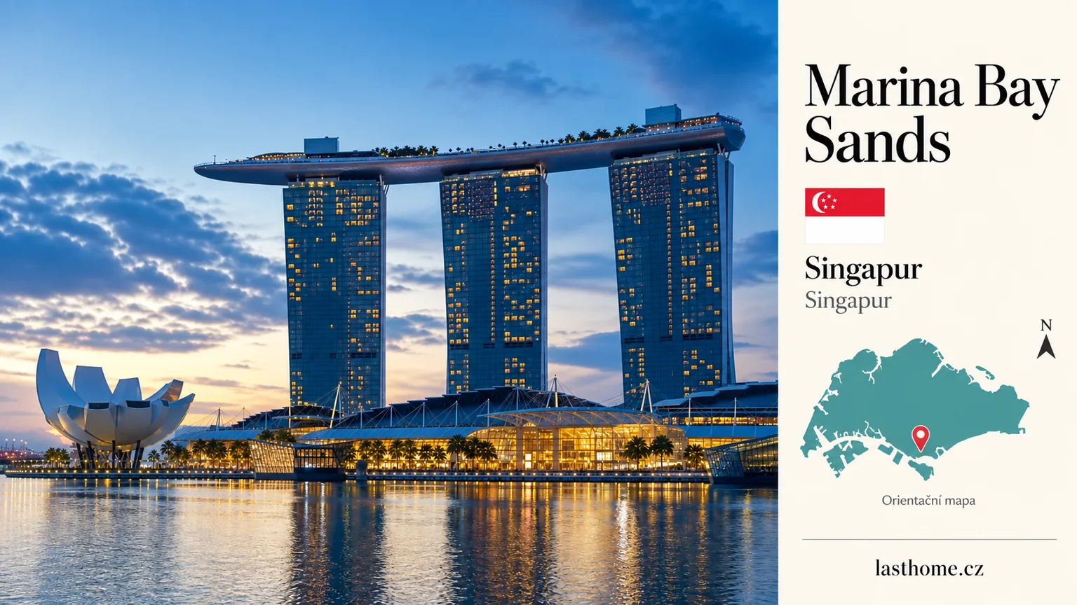 AI ilustrace: Marina Bay Sands, Singapur, s vlajkou a orientační mapou.