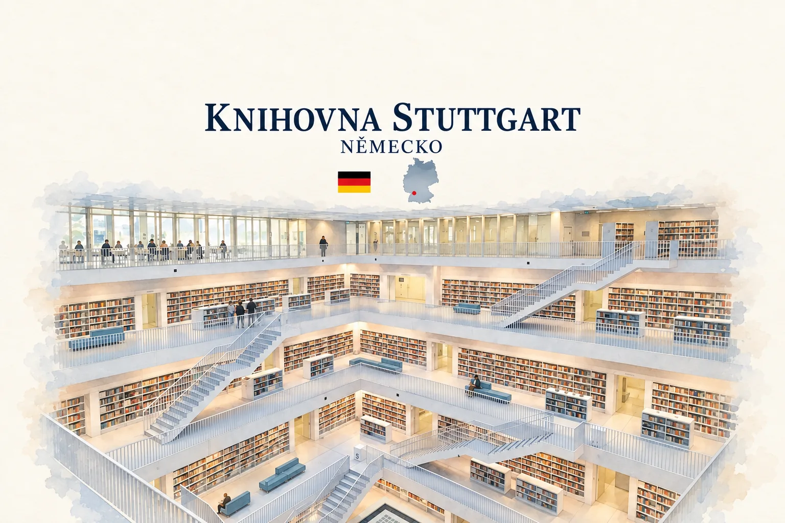 AI grafika podle fotografie: Městská knihovna ve Stuttgartu, Stuttgart, vlajka a orientační mapa země Německo