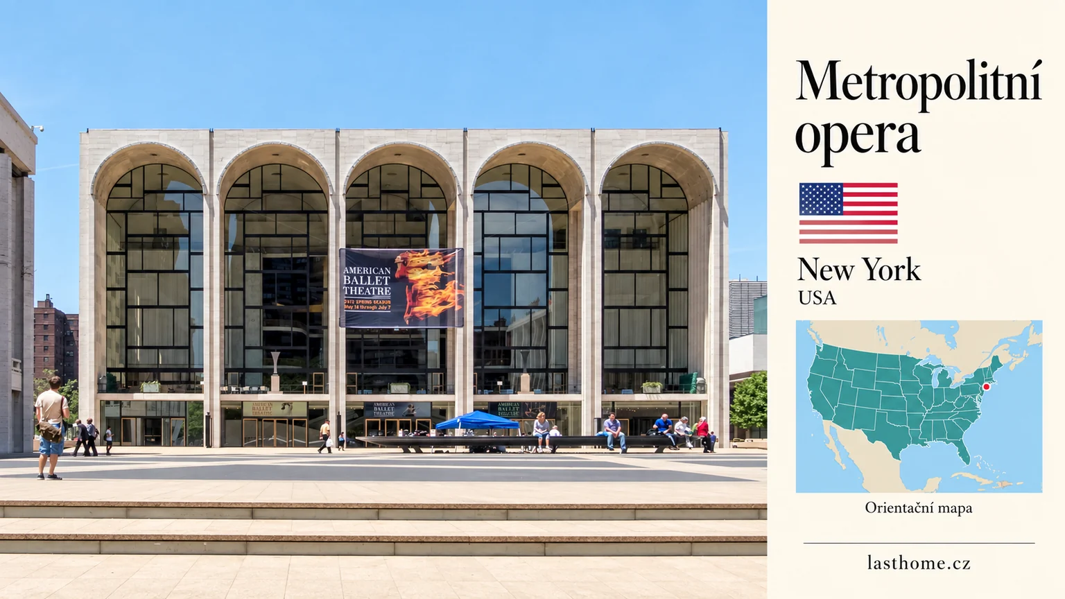AI grafika podle fotografie: Metropolitní opera, New York, s vlajkou a orientační mapou.