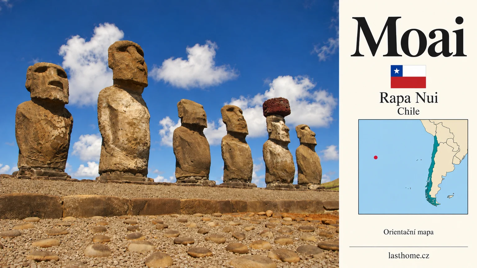 AI grafika podle fotografie: Moai na Velikonočním ostrově, Rapa Nui, s vlajkou a orientační mapou.