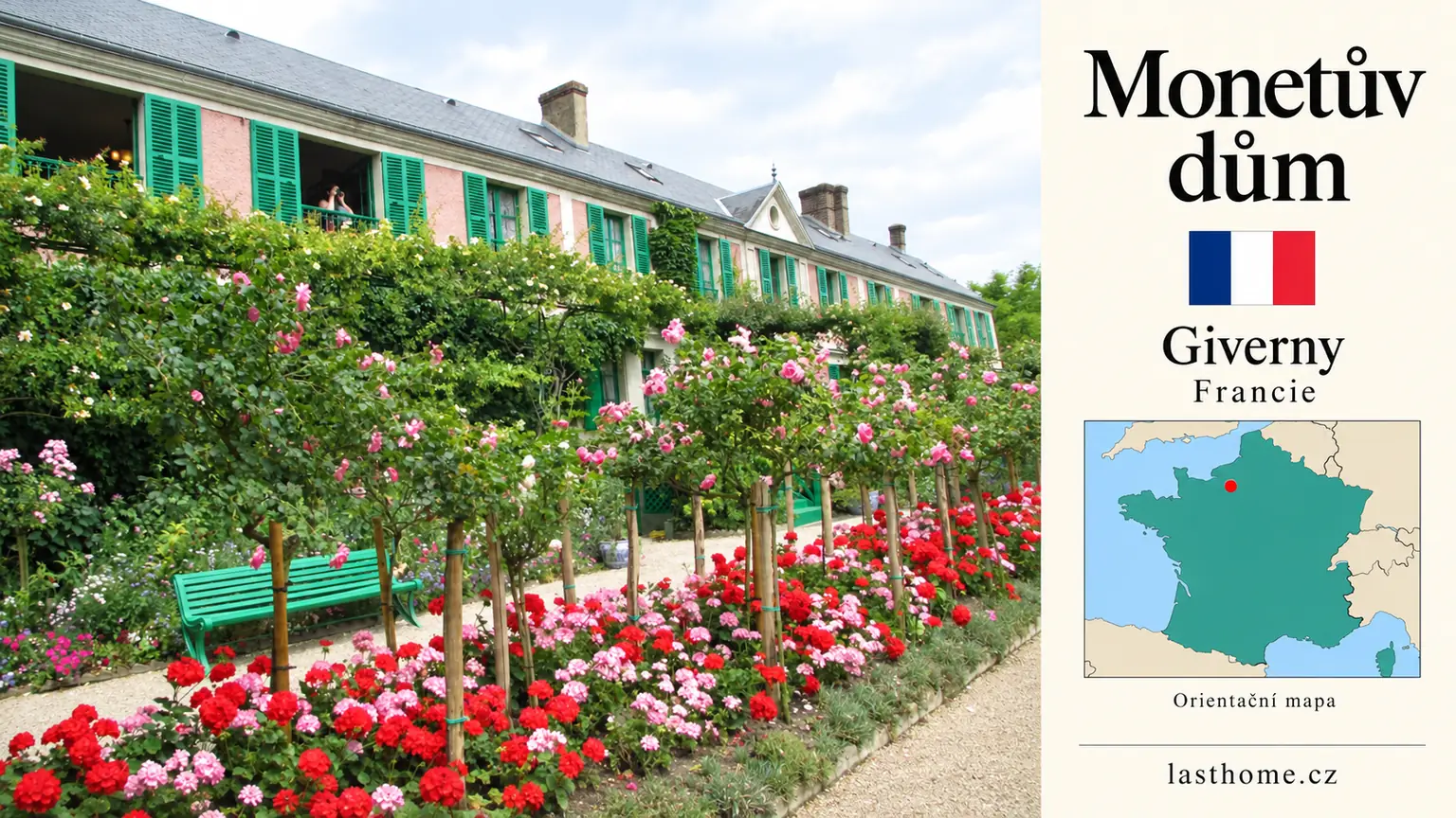 AI grafika podle fotografie: Monetův dům v Giverny, Giverny, s vlajkou a orientační mapou.
