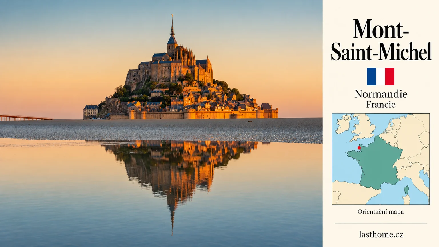 AI grafika podle fotografie: Mont-Saint-Michel, Normandie, s vlajkou a orientační mapou.