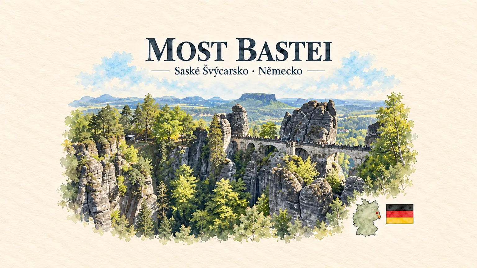 AI grafika podle fotografie: Most Bastei, Saské Švýcarsko u Rathenu, vlajka a orientační mapa země Německo