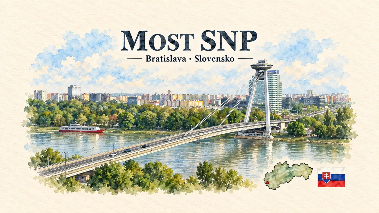 AI grafika podle fotografie: Most SNP, Bratislava, vlajka a orientační mapa země Slovensko