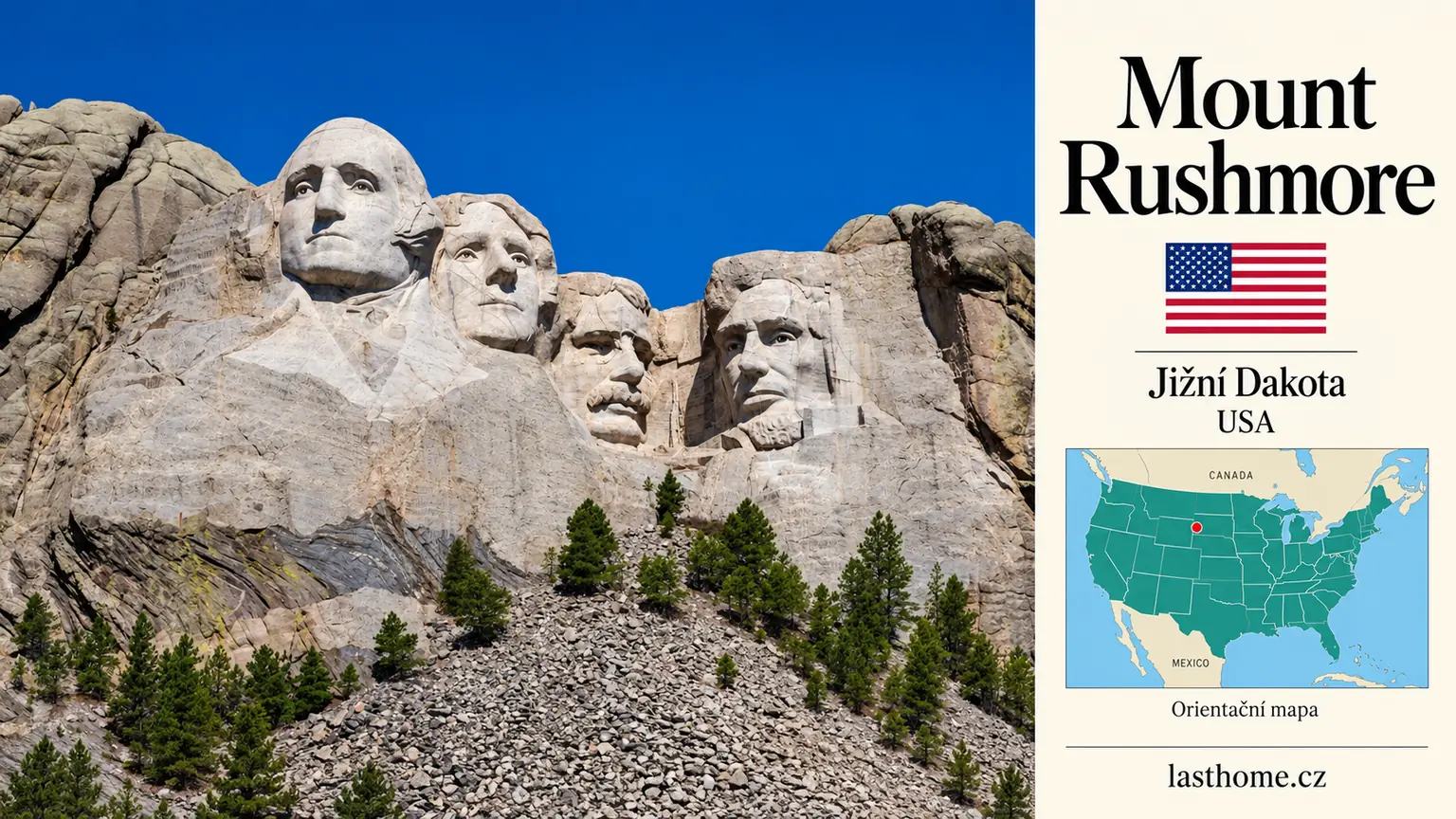 AI grafika podle fotografie: Mount Rushmore, Jižní Dakota, s vlajkou a orientační mapou.