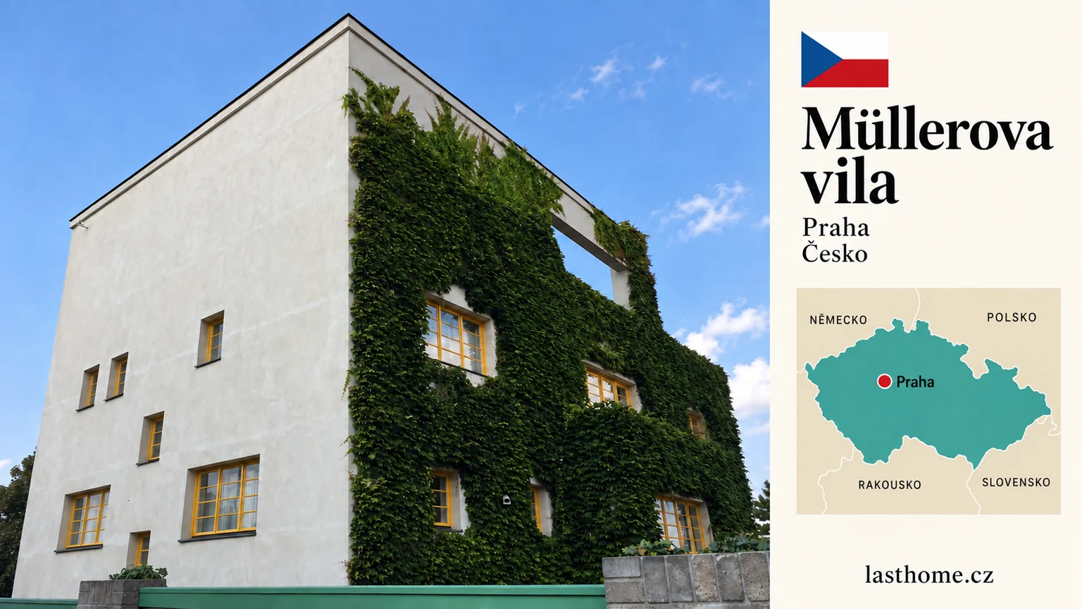 AI grafika podle fotografie: Müllerova vila, Praha, s vlajkou a orientační mapou.