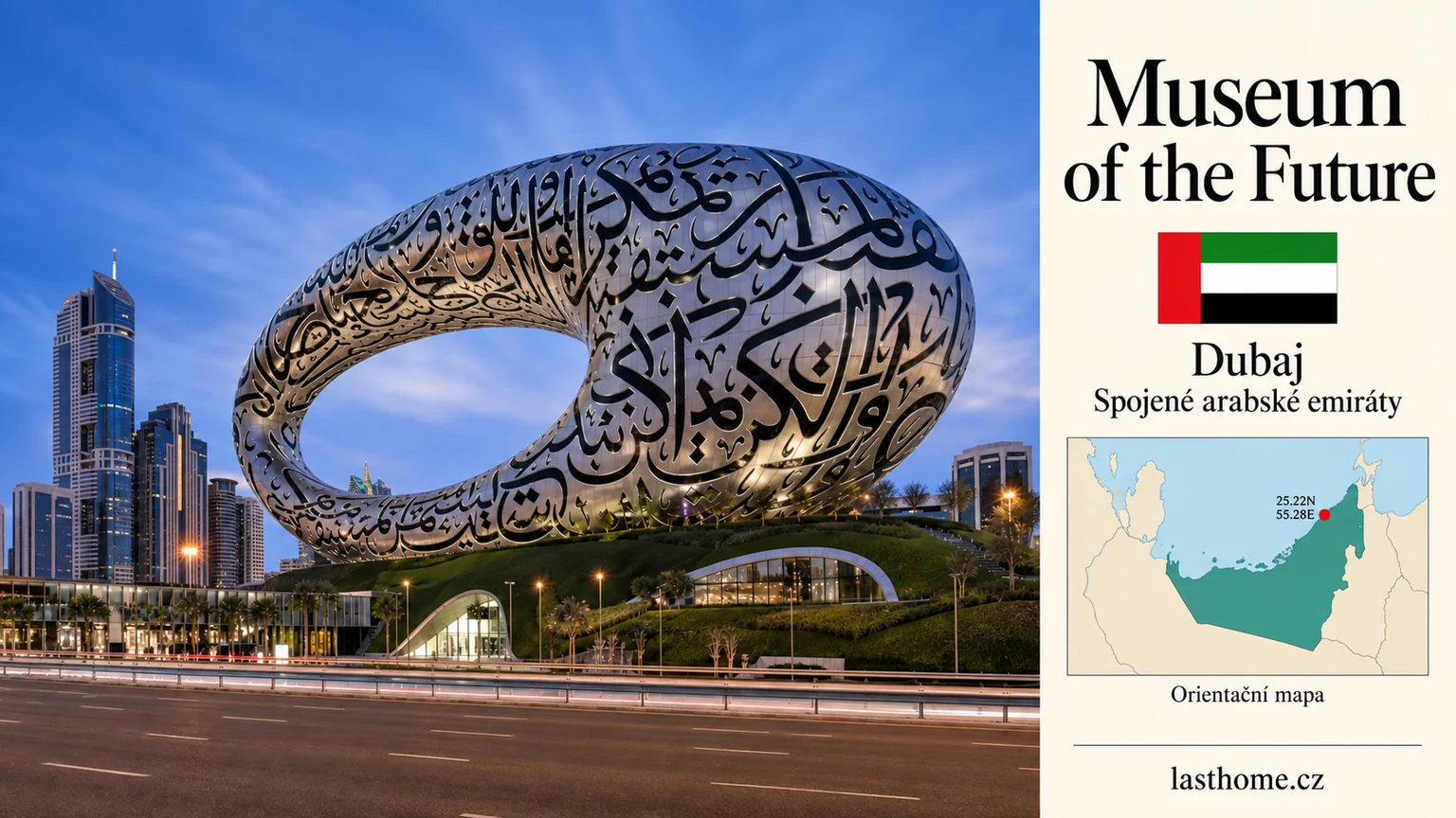 AI ilustrace: Museum of the Future, Dubaj, s vlajkou a orientační mapou.