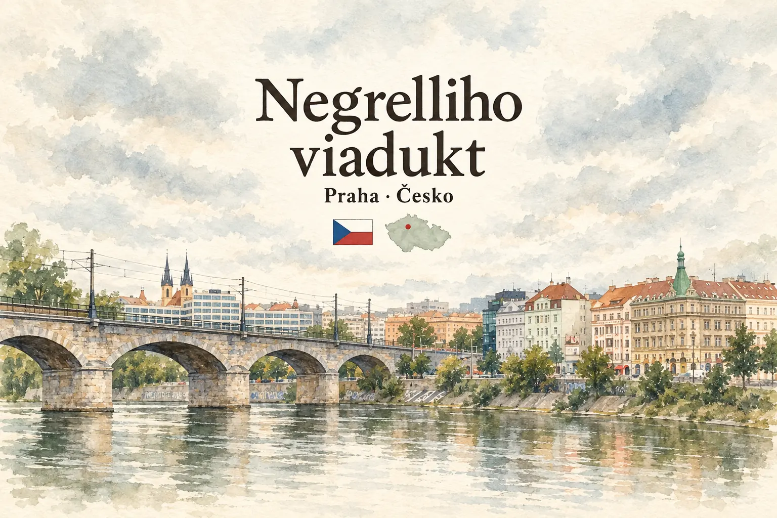 AI grafika podle fotografie: Negrelliho viadukt, Praha, vlajka a orientační mapa země Česko