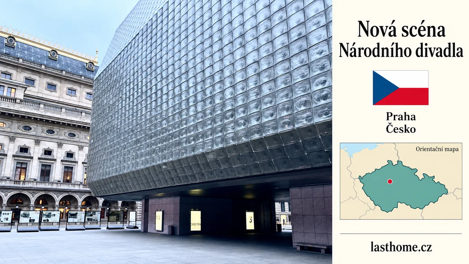 AI grafika podle fotografie: Nová scéna Národního divadla, Praha, s vlajkou a orientační mapou.