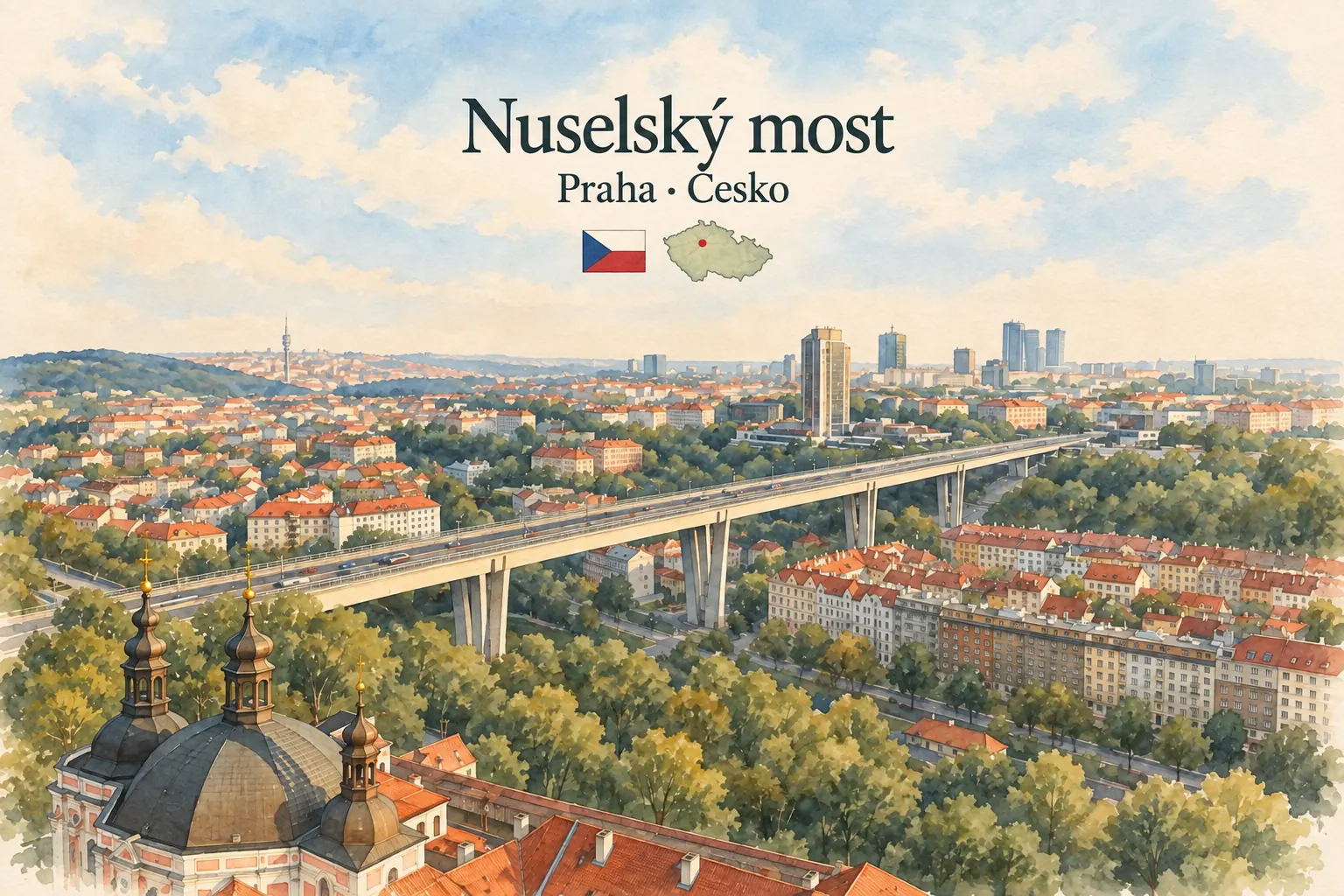 AI grafika podle fotografie: Nuselský most, Praha, vlajka a orientační mapa země Česko