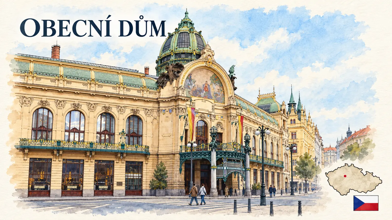 AI grafika podle fotografie: Obecní dům, Praha, vlajka a orientační mapa země Česko
