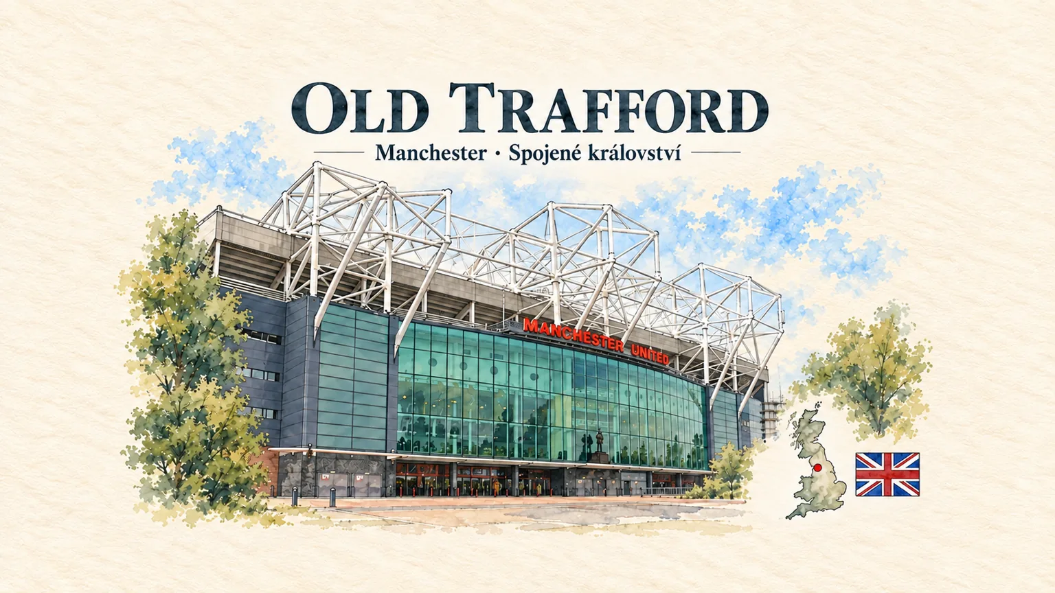 AI grafika podle fotografie z roku 2006: Old Trafford, Manchester, vlajka a orientační mapa země Spojené království