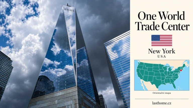 AI grafika podle fotografie: One World Trade Center, New York, s vlajkou a orientační mapou.
