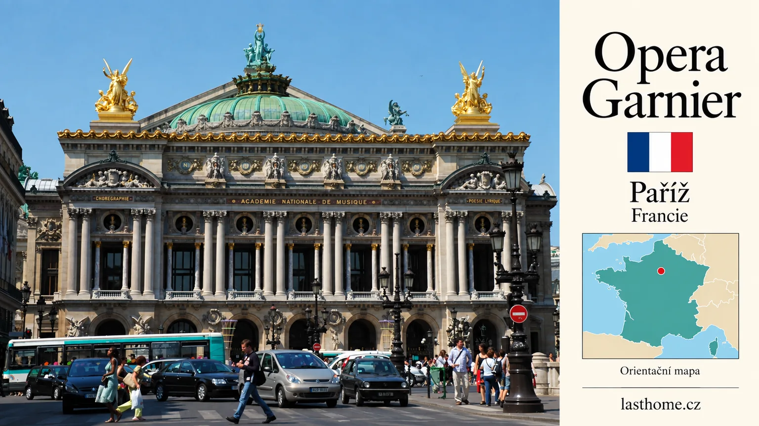 AI grafika podle fotografie: Opera Garnier, Paříž, s vlajkou a orientační mapou.