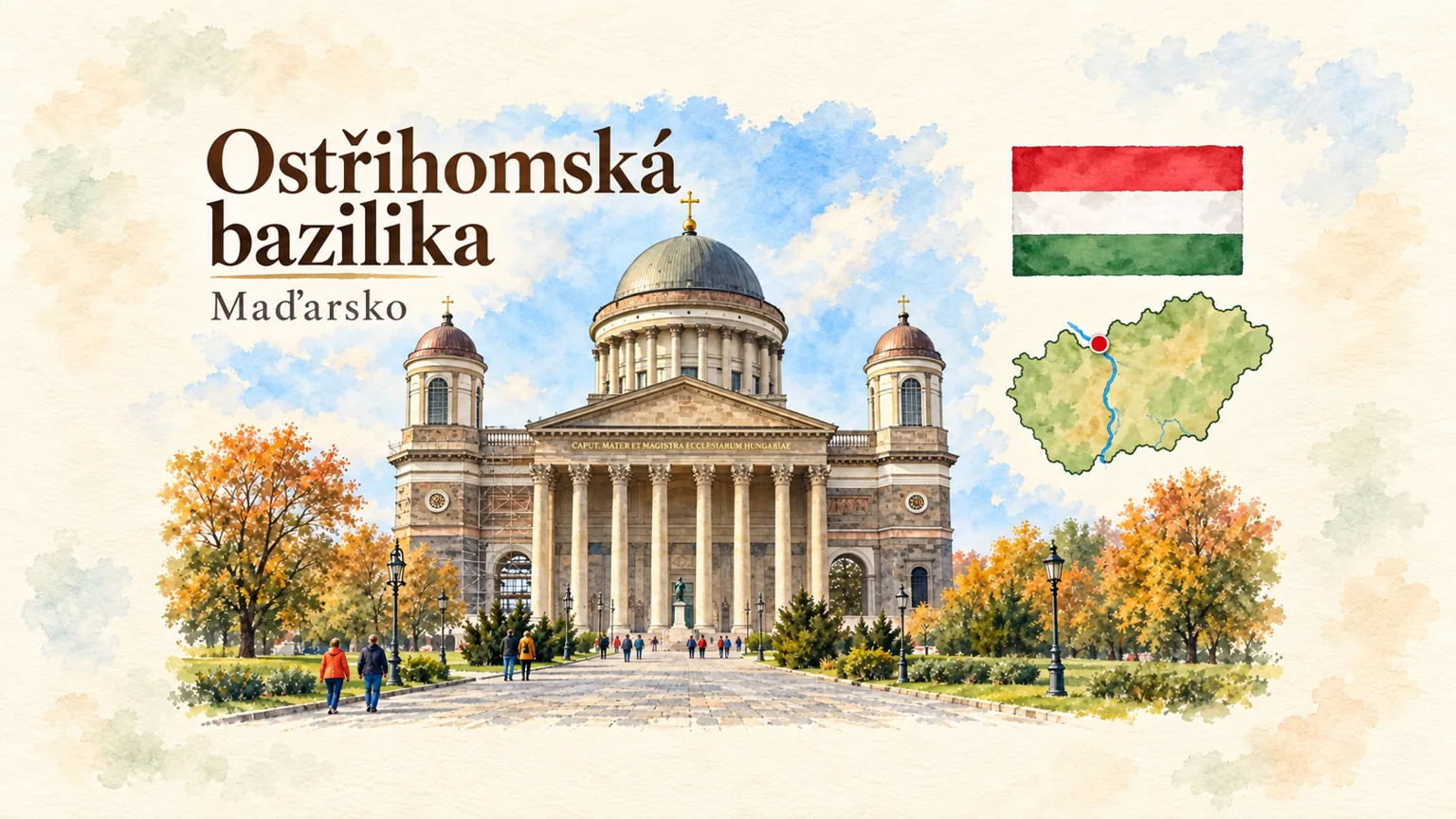 AI grafika podle fotografie: Ostřihomská bazilika, Ostřihom (Esztergom), vlajka a orientační mapa země Maďarsko