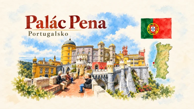 AI grafika podle fotografie: Palác Pena, Sintra, vlajka a orientační mapa země Portugalsko