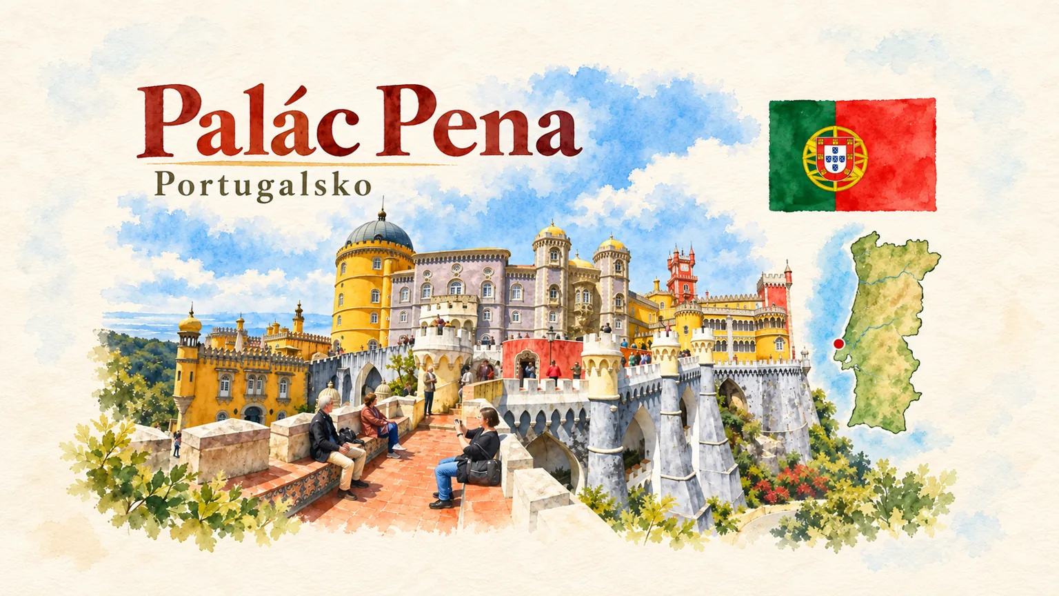 AI grafika podle fotografie: Palác Pena, Sintra, vlajka a orientační mapa země Portugalsko