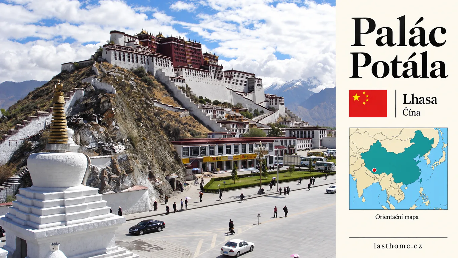 AI grafika podle fotografie: Palác Potála, Lhasa, s vlajkou a orientační mapou.