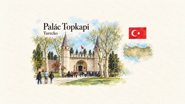 AI grafika podle fotografie: Palác Topkapi, Istanbul, vlajka a orientační mapa země Turecko