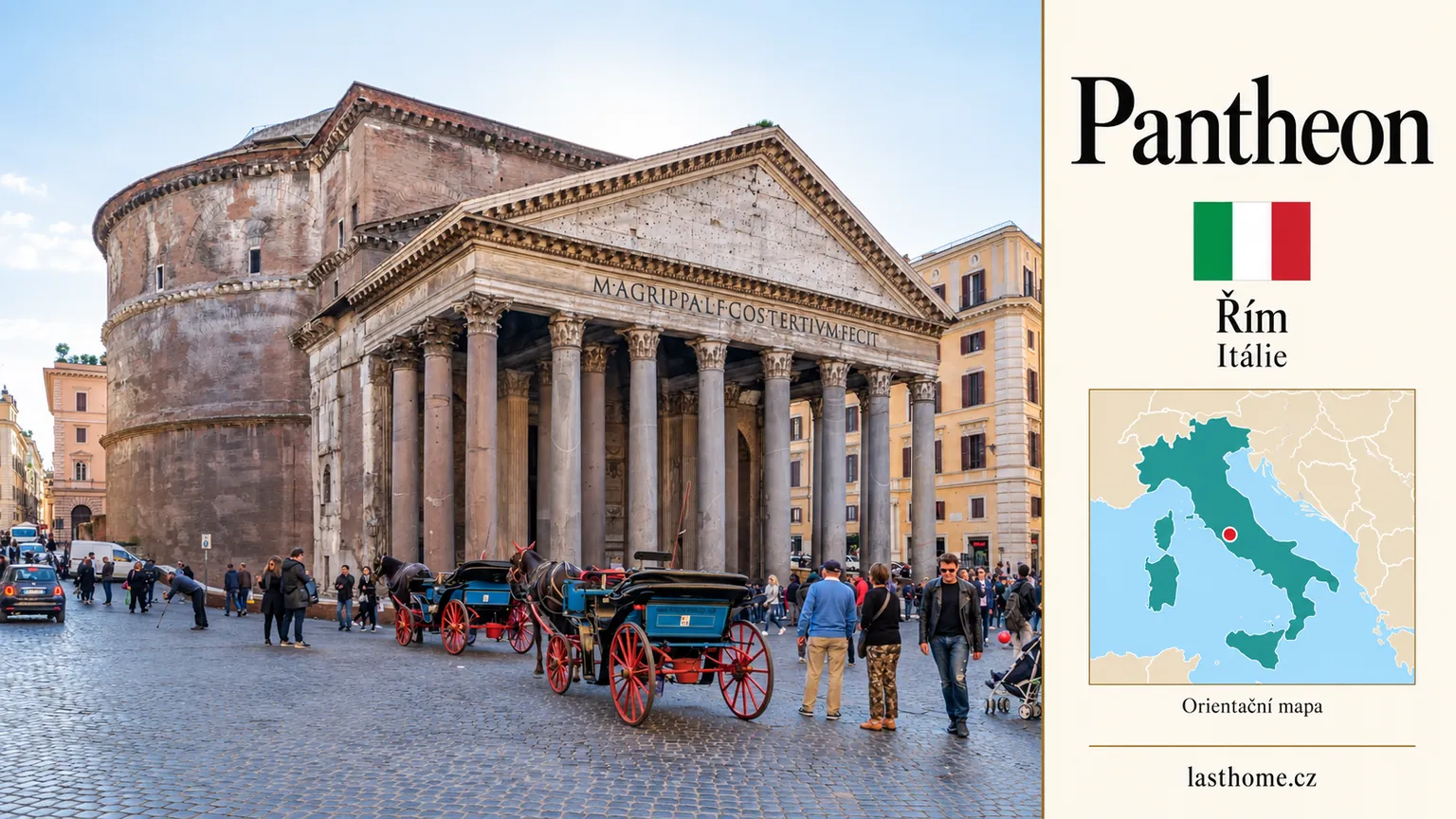 AI grafika podle fotografie: Pantheon, Řím, s vlajkou a orientační mapou.