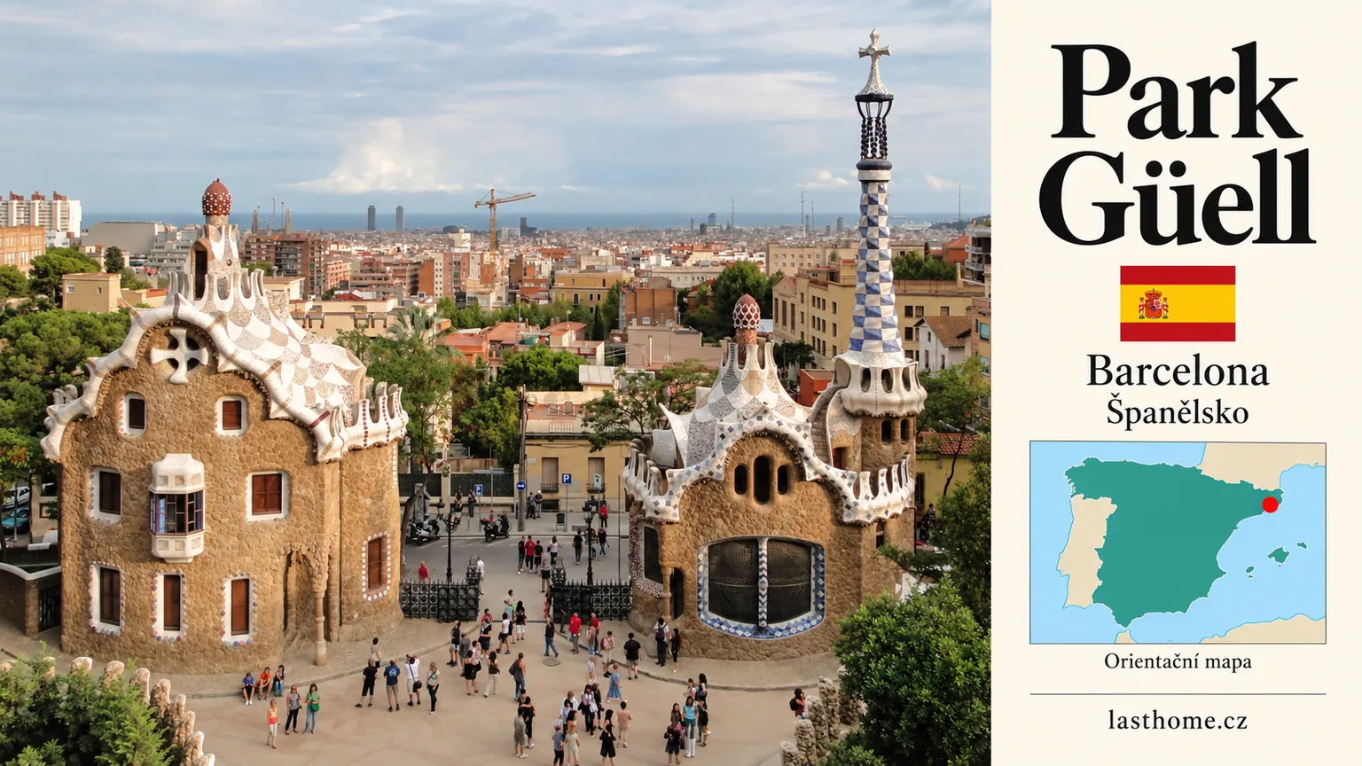 AI grafika podle fotografie: Park Güell, Barcelona, s vlajkou a orientační mapou.