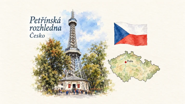 AI grafika podle fotografie: Petřínská rozhledna, Praha, vlajka a orientační mapa země Česko