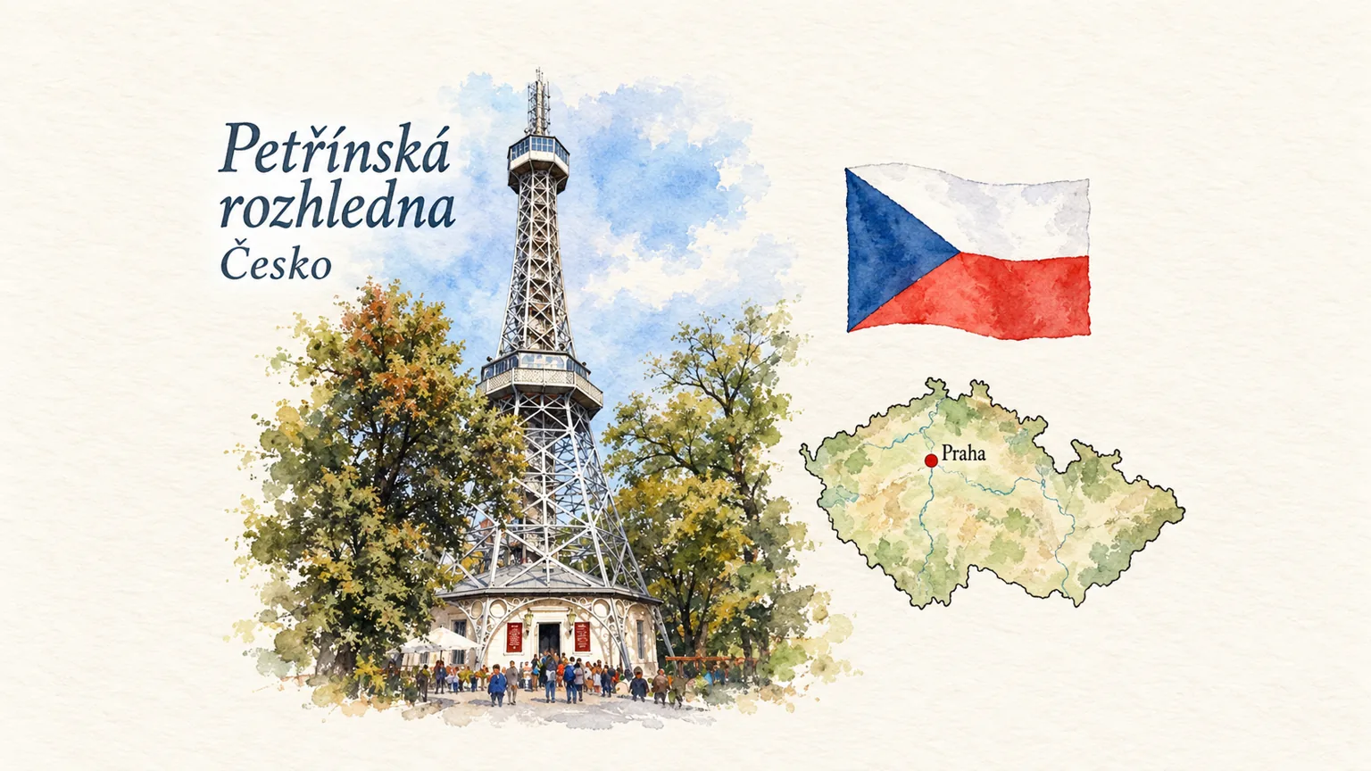 AI grafika podle fotografie: Petřínská rozhledna, Praha, vlajka a orientační mapa země Česko
