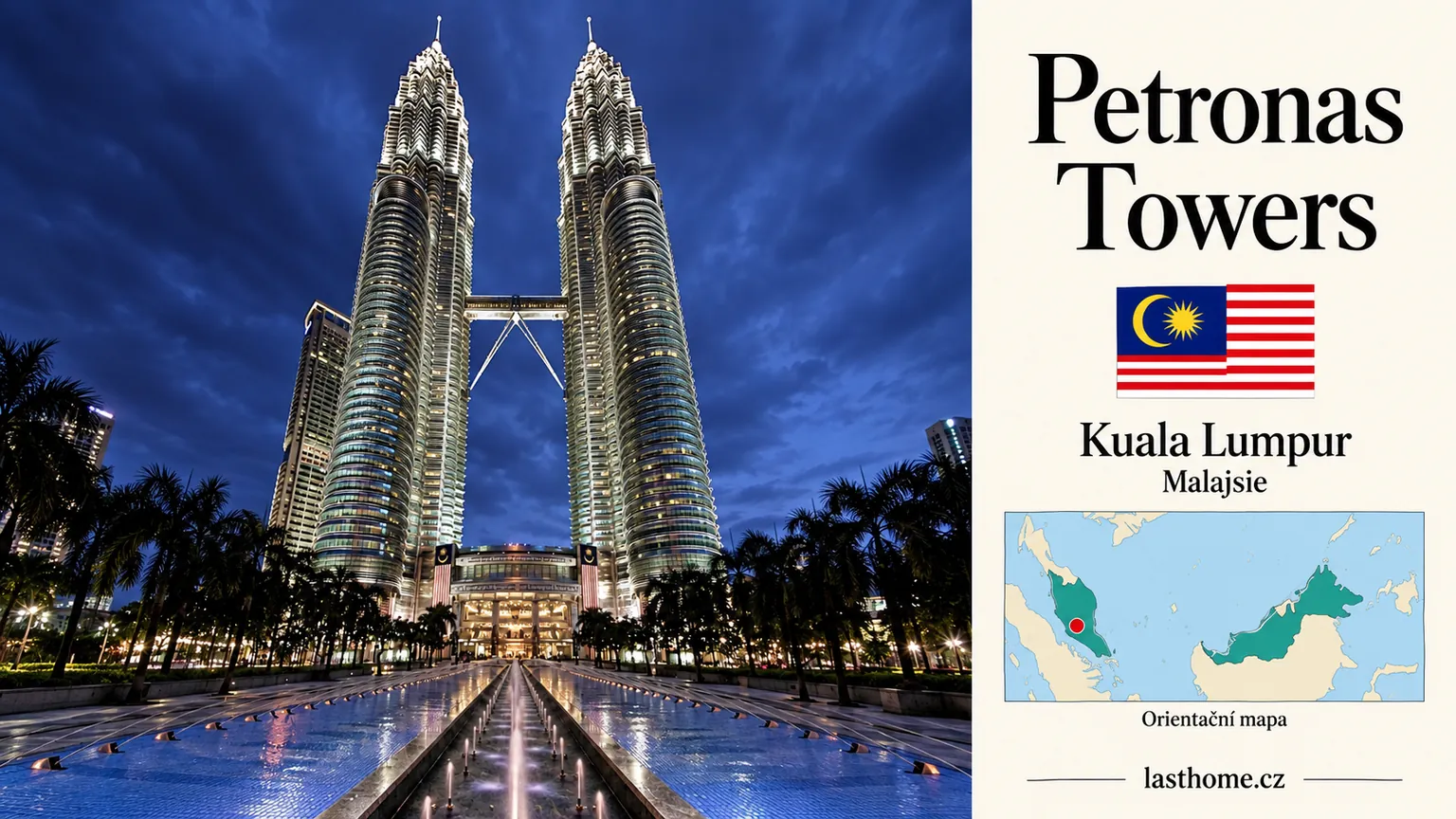 AI grafika podle fotografie: Petronas Towers, Kuala Lumpur, s vlajkou a orientační mapou.