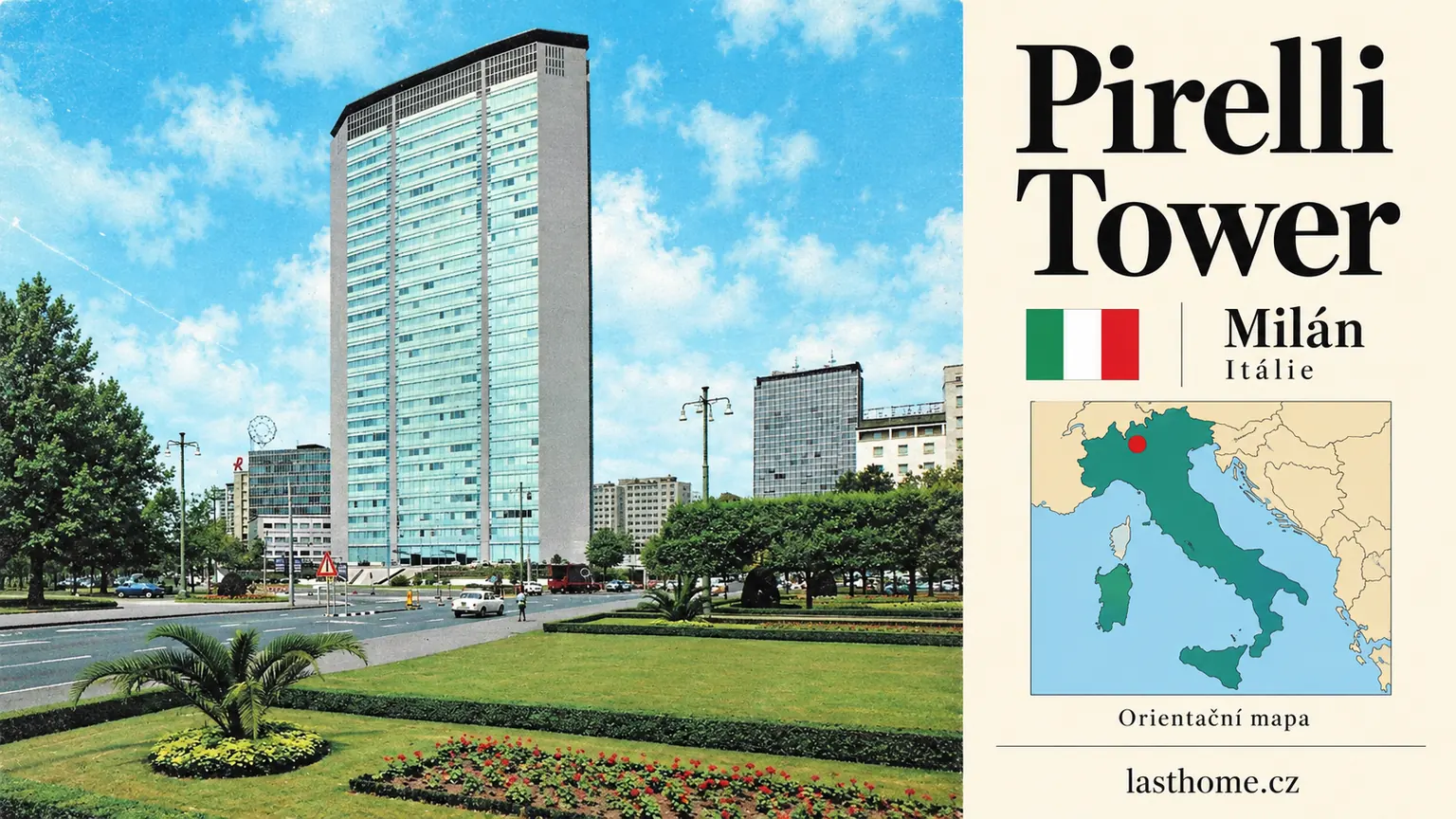 AI grafika podle fotografie: Pirelli Tower, Milán, s vlajkou a orientační mapou.