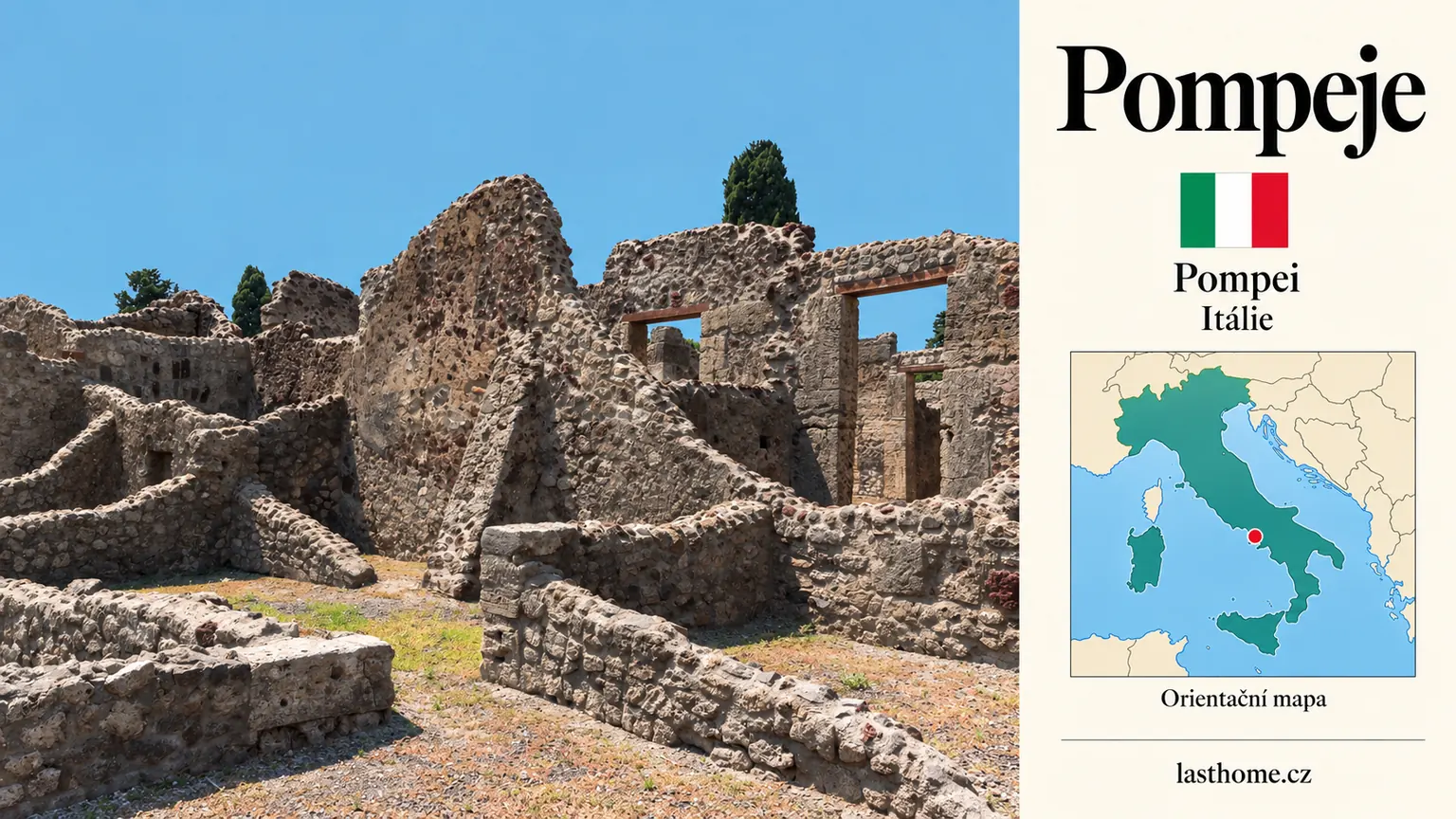 AI grafika podle fotografie: Pompeje, Pompei, s vlajkou a orientační mapou.