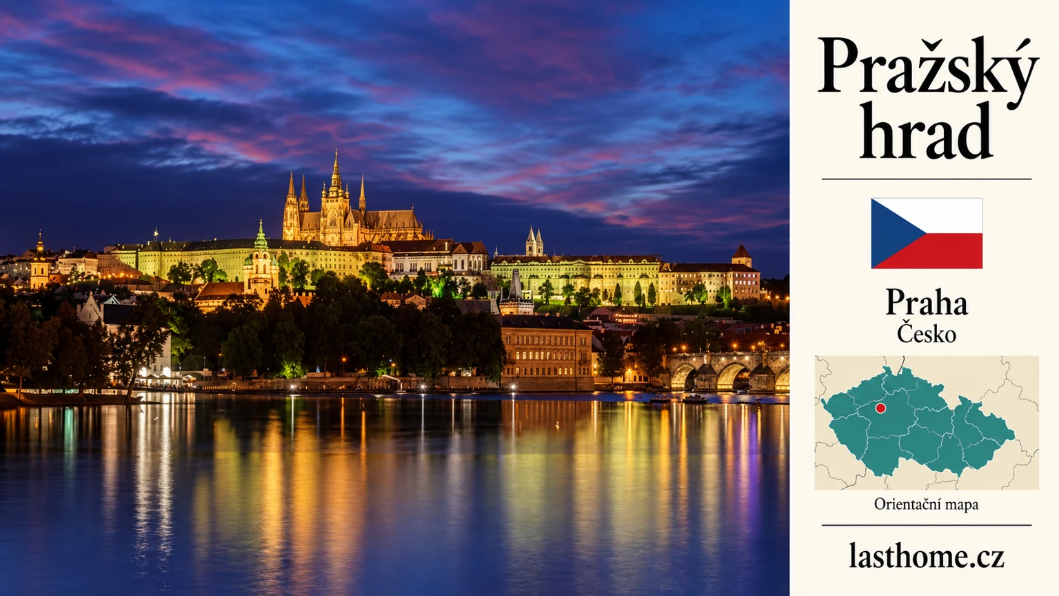 AI grafika podle fotografie: Pražský hrad, Praha, vlajka a orientační mapa země Česko