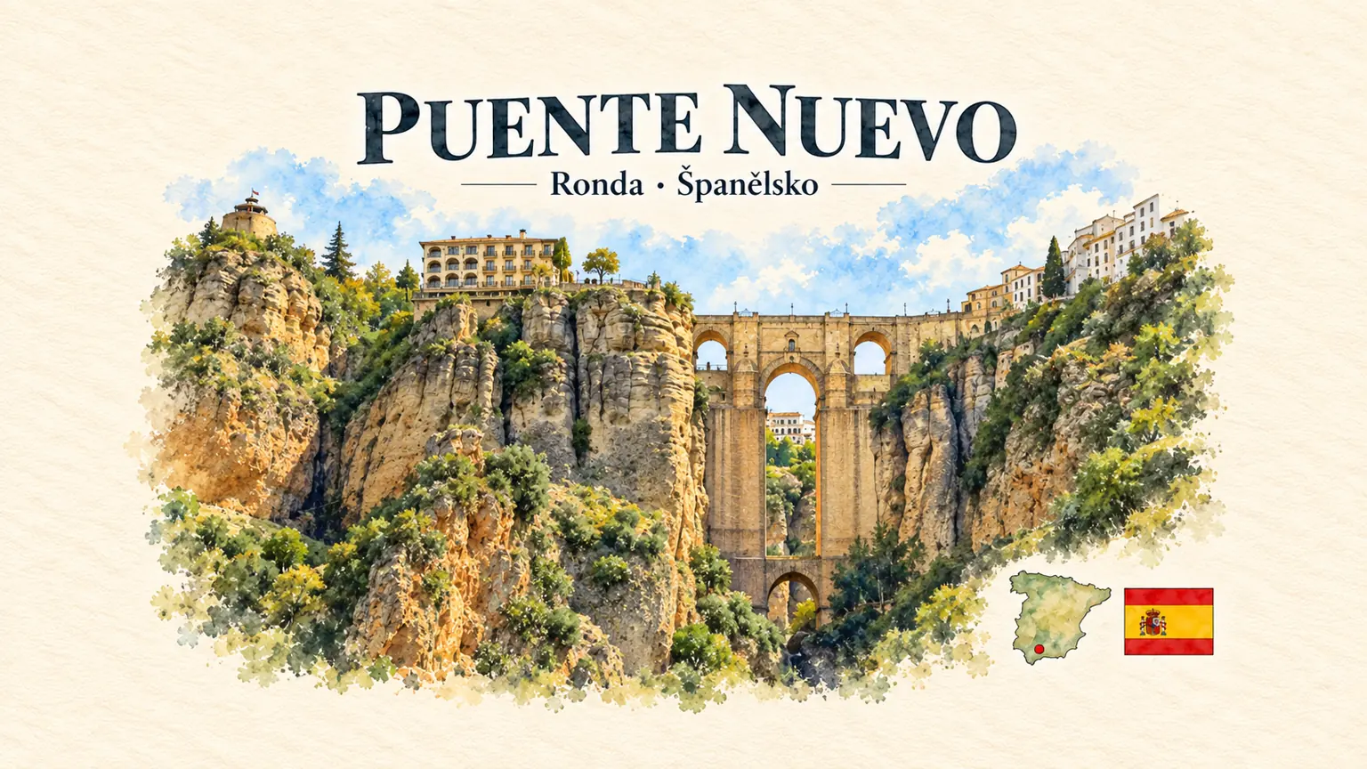 AI grafika podle fotografie: Puente Nuevo, Ronda, vlajka a orientační mapa země Španělsko