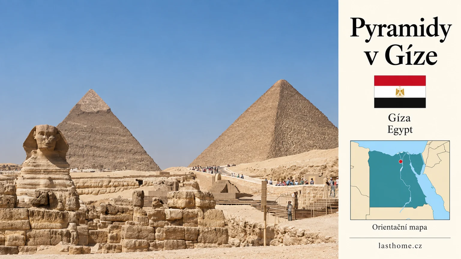 AI grafika podle fotografie: Pyramidy v Gíze, Gíza, s vlajkou a orientační mapou.