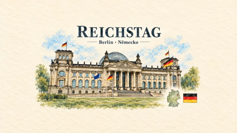 AI grafika podle fotografie: Reichstag v Berlíně, Berlín, vlajka a orientační mapa země Německo