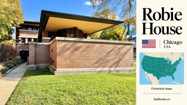 AI grafika podle fotografie: Robie House, Chicago, s vlajkou a orientační mapou.