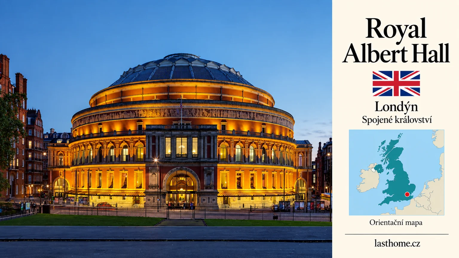AI grafika podle fotografie: Royal Albert Hall, Londýn, s vlajkou a orientační mapou.