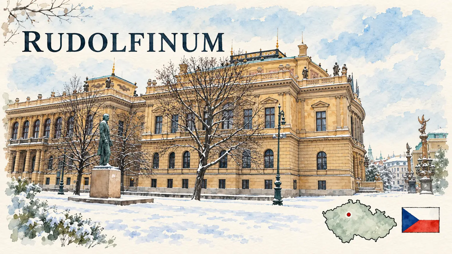 AI grafika podle fotografie: Rudolfinum, Praha, vlajka a orientační mapa země Česko