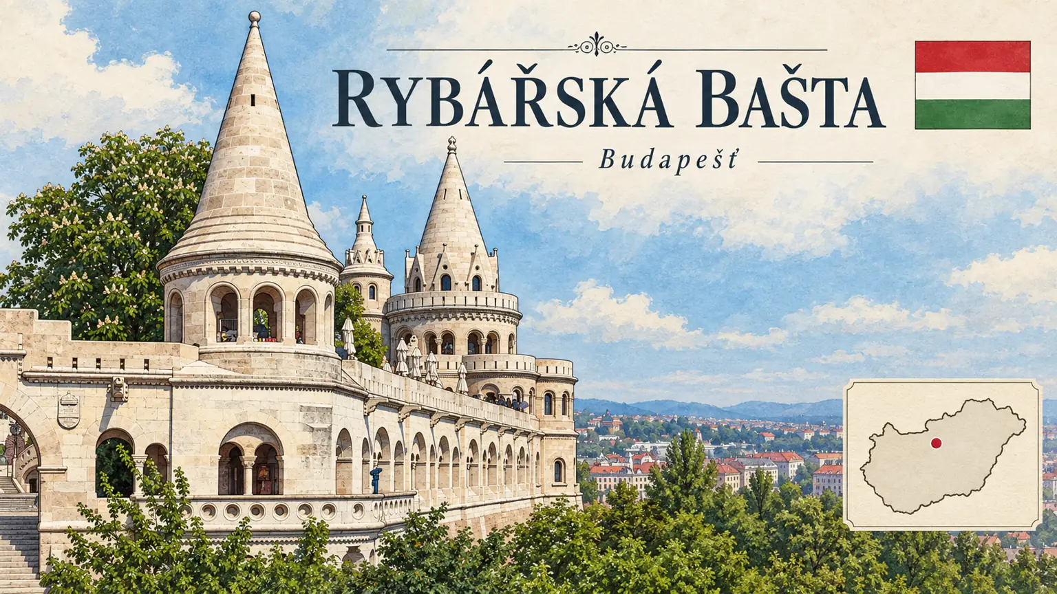 AI grafika podle fotografie: Rybářská bašta, Budapešť, vlajka a orientační mapa země Maďarsko