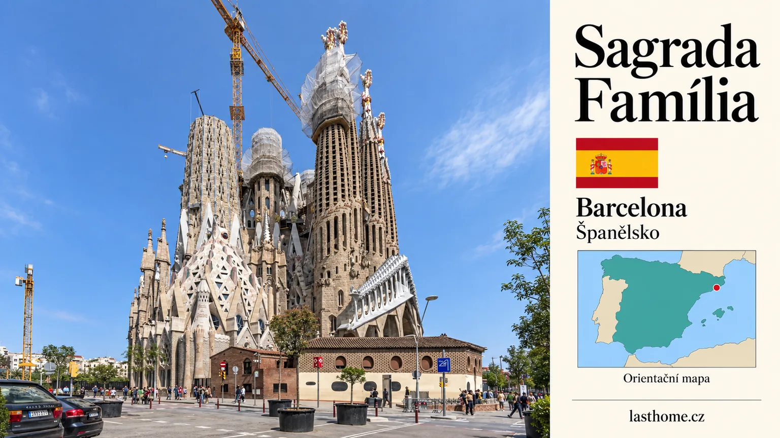 AI grafika podle fotografie: Sagrada Família, Barcelona, s vlajkou a orientační mapou.
