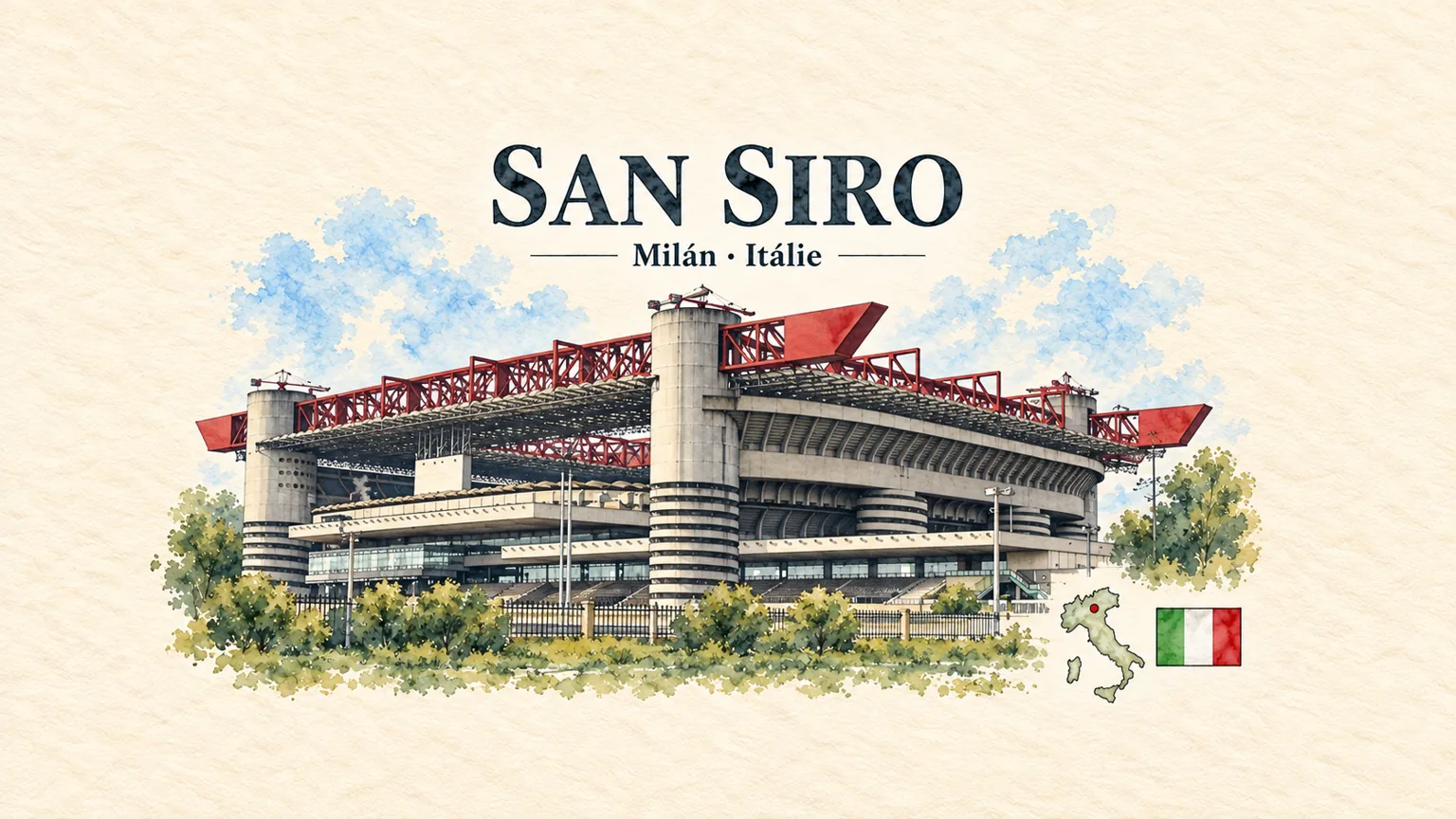 AI grafika podle fotografie: San Siro, Milán, vlajka a orientační mapa země Itálie