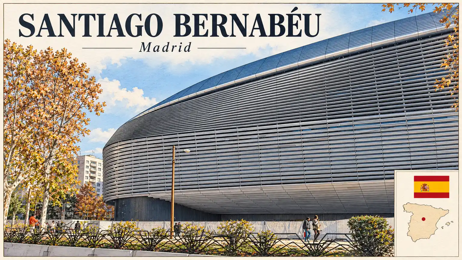 AI grafika podle fotografie: Santiago Bernabéu, Madrid, vlajka a orientační mapa země Španělsko